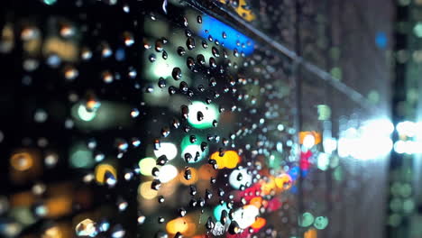 rain drops on a city window at night