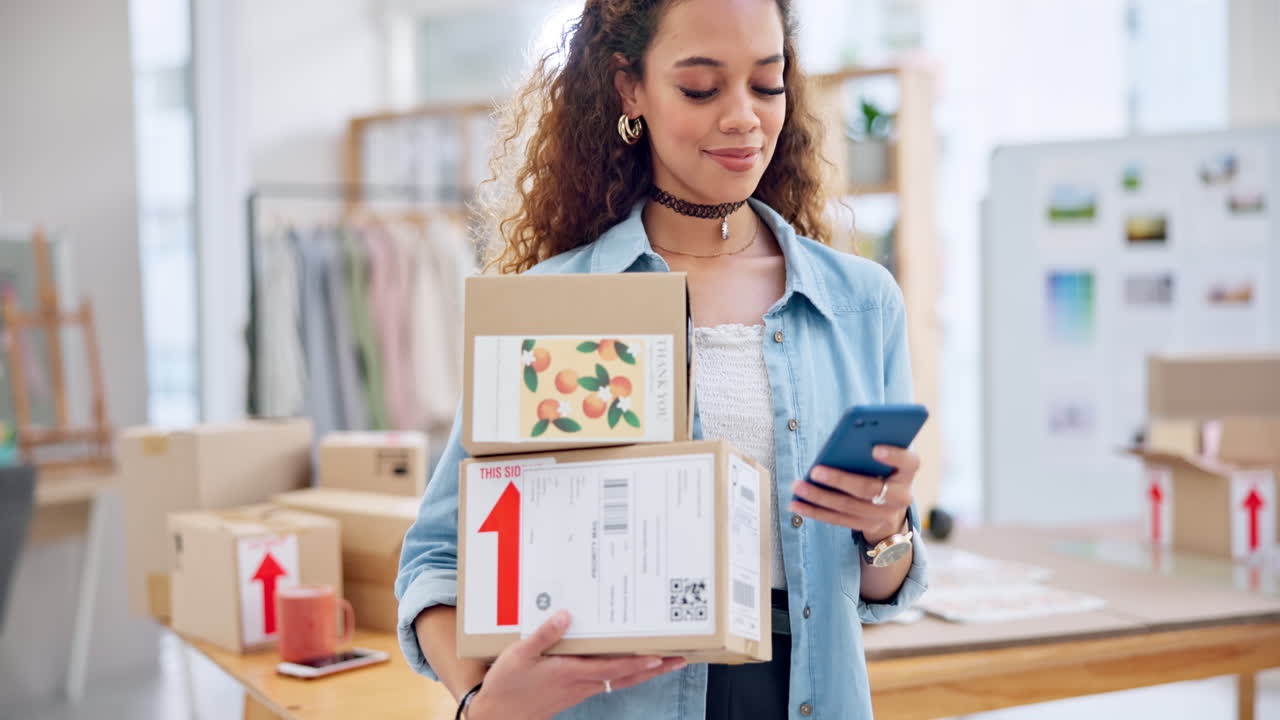 mujer, cajas y teléfono para la oficina e comercio