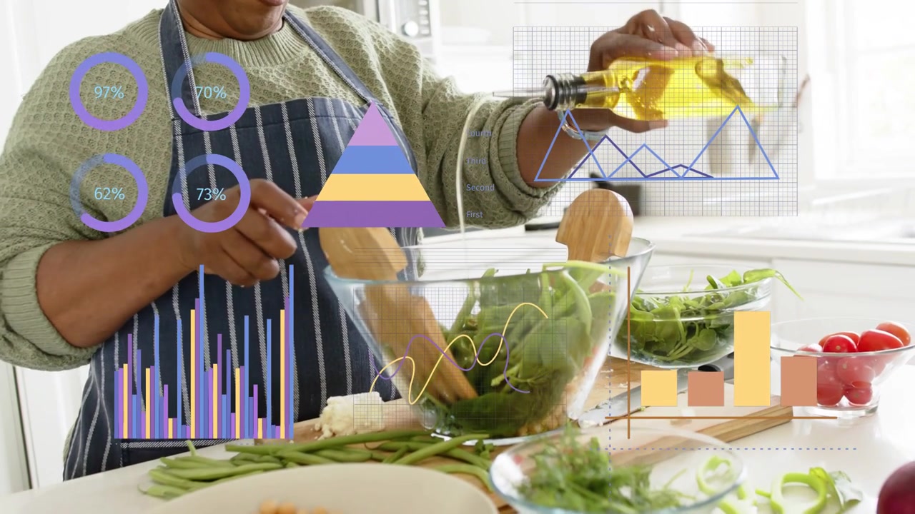 Hjemmekok kvinde løfter oliefalske og vender grøntsager for at anrette salat, med sundhedsdiagrammer overlejret over skålen.