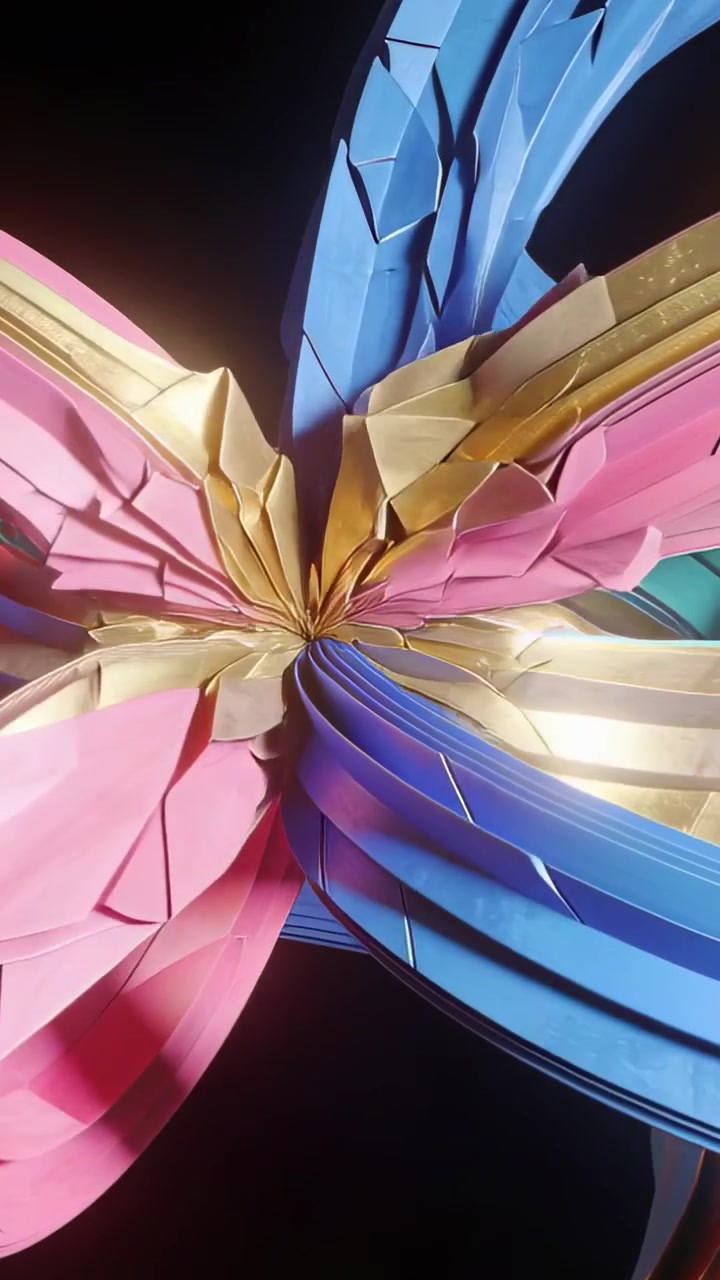 Vertical video: Camera pulling back, pink teal ribbons rotating, folding into gold flower in void
