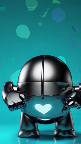 a metallic robot with glowing hearts on its face and chest against varying backdrops