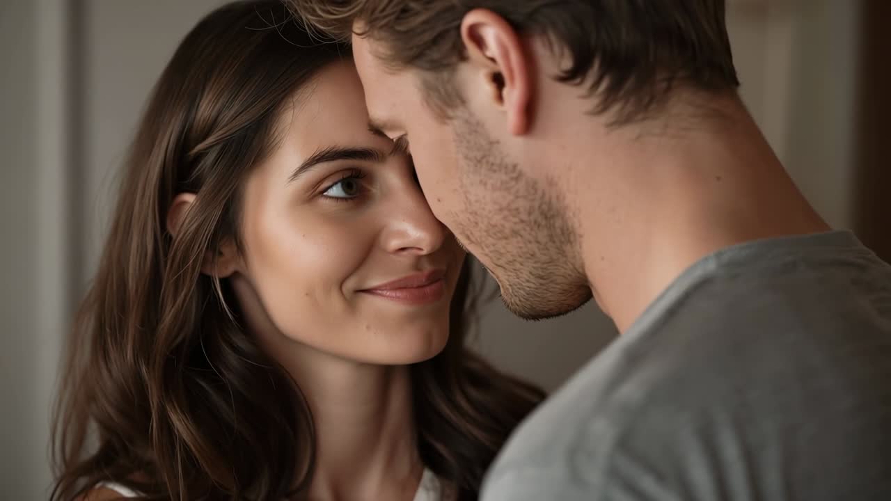 Approaching man in gray tee cupping woman's face, kissing temple at home, loving with hoop earring