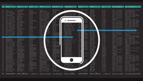 animation of smartphone icon and data processing over black background