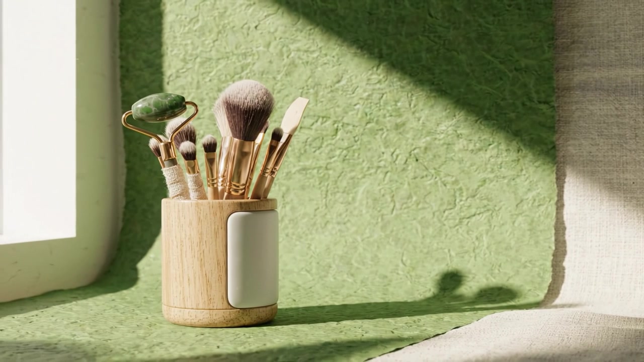 Æstetisk udstilling af makeupbørster i naturligt lys, der fremhæver teksturer og farver inden for et minimalistisk dekorativt arrangement.