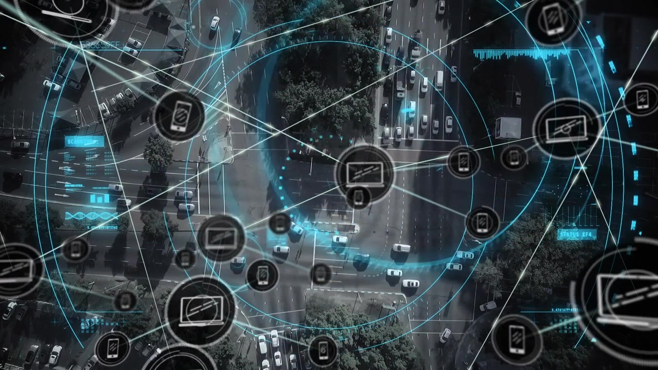 Video animato che illustra la sicurezza informatica globale e le connessioni di rete dei magazzini.