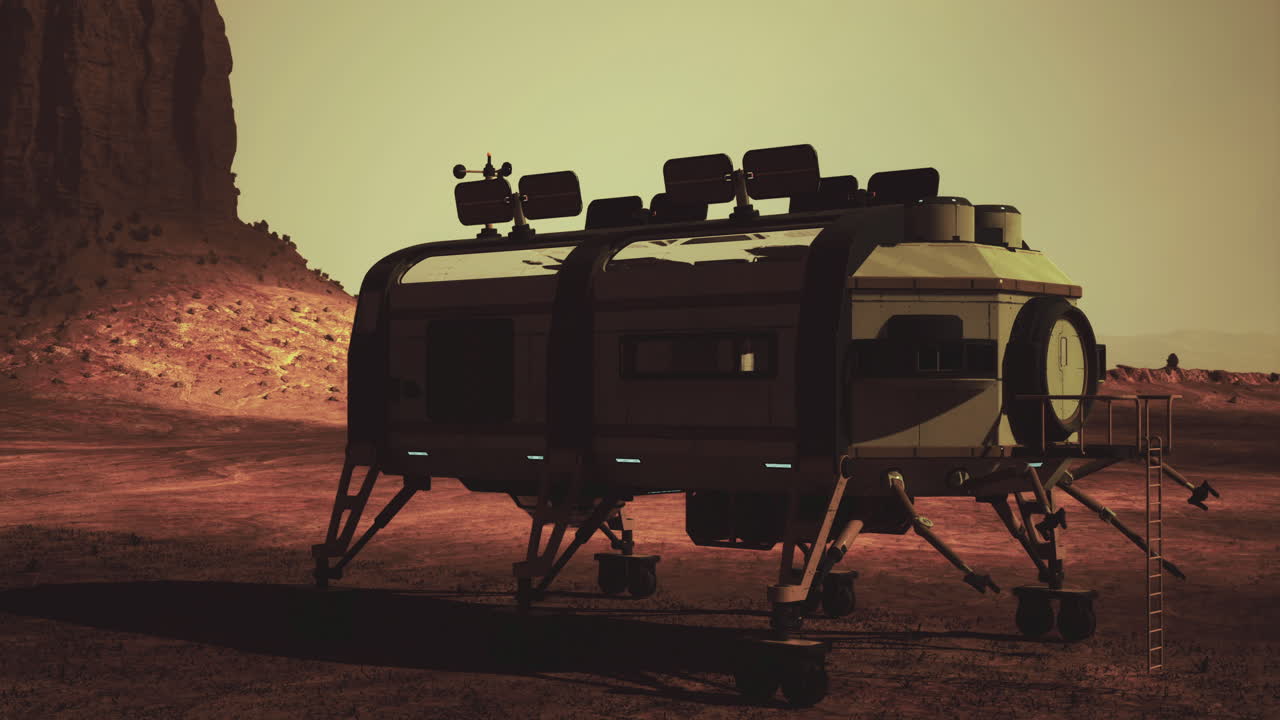 Futuristic lunar habitat on the surface of an alien planet at sunset