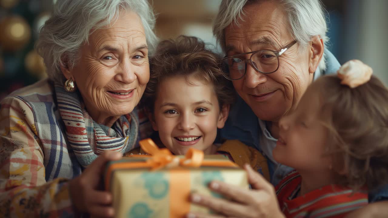 Una nonna porge una confezione regalo con nastro arancione a dei nipotini felici seduti sul divano, condividendo amore