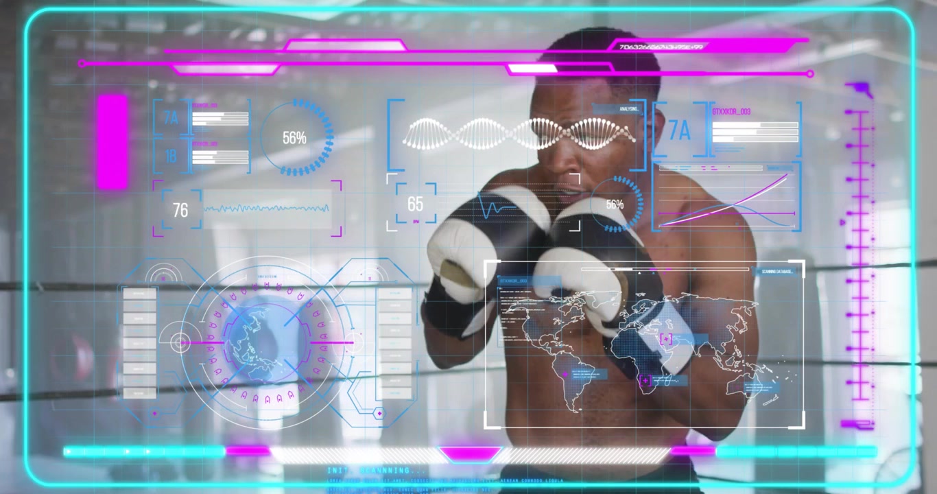 Vertical video: Drill starting shirtless boxer throwing guarded punches with gloves and HUD in ring