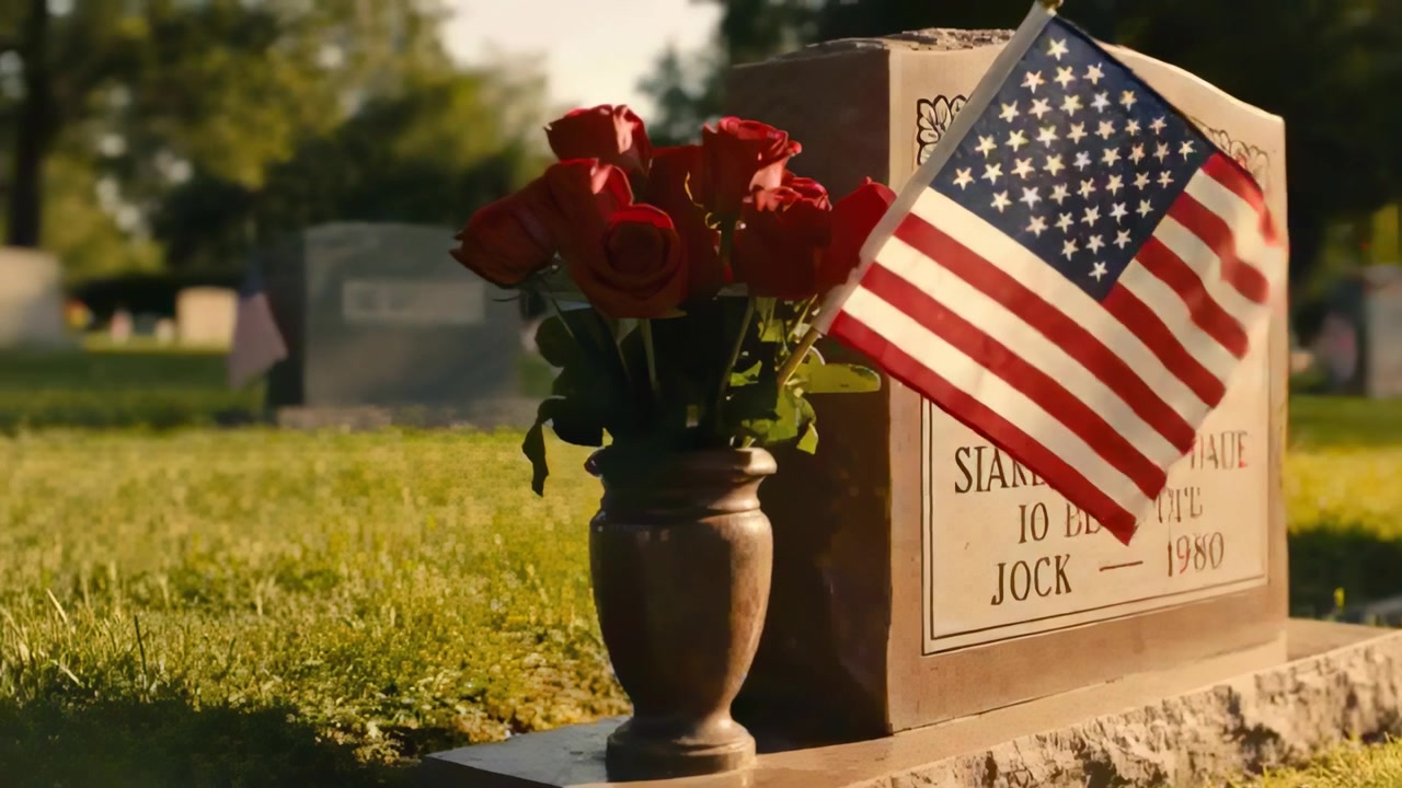 Gently blowing warm breeze moving US flag at cemetery, lifting roses in bronze vase by gravestone