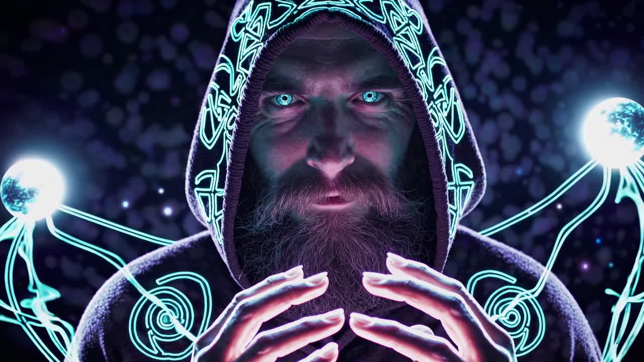 Mystic man with glowing eyes wearing a dark hoodie with glowing runes is controlling two energy balls with his hands in a dark environment with glowing particles