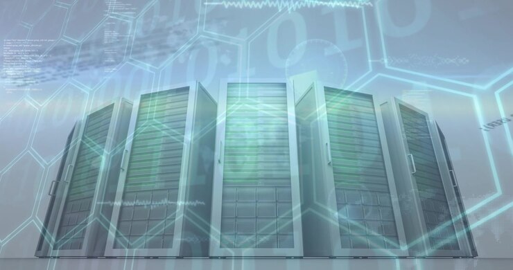 Animation of hexagonal shapes and data processing against computer servers