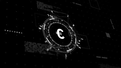 Animación-De-Red-Con-Procesamiento-De-Datos-Y-Signo-Del-Euro-Sobre-Fondo-Negro.