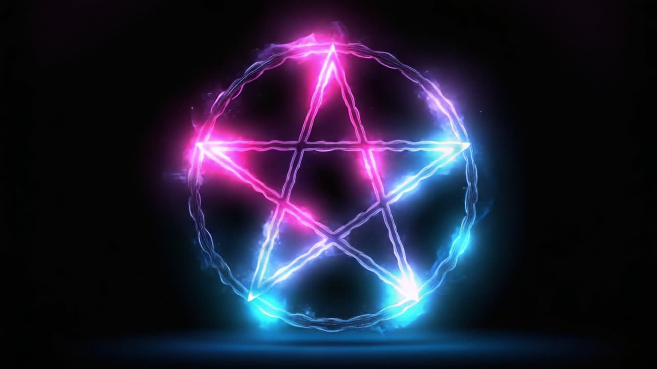 Eine atemberaubende Darstellung lebendiger Energie: Ein leuchtendes Pentagramm, umgeben von mystischen Flammen und elektrischem Licht in einer rätselhaften dunklen Atmosphäre