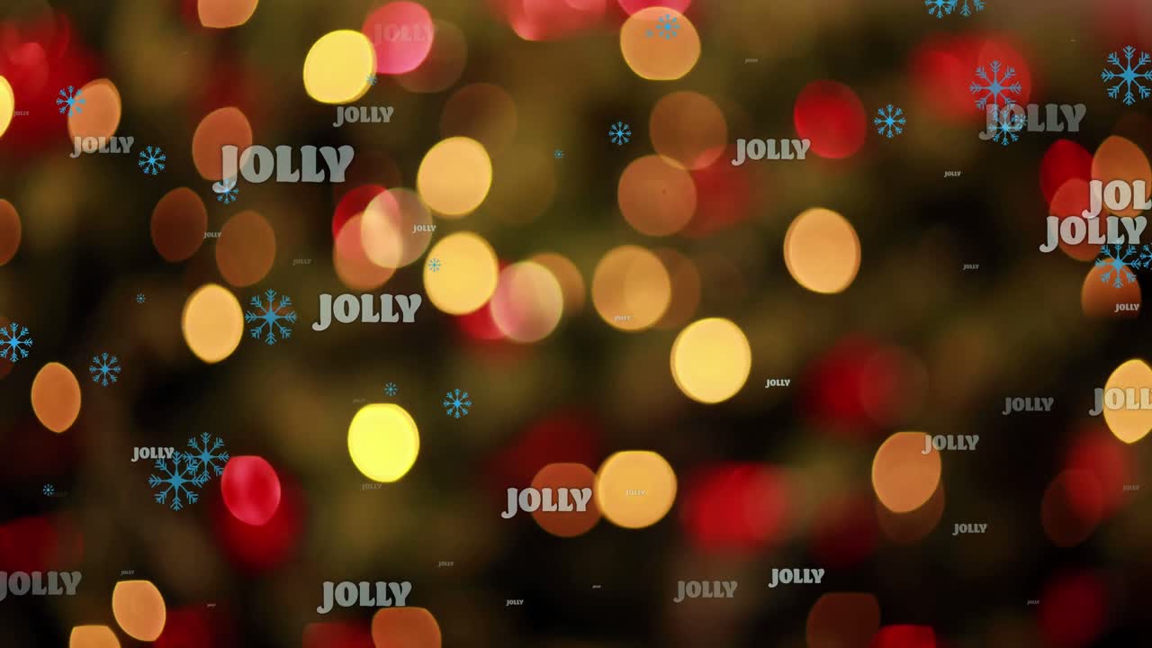 Animation af gentaget festlig tekst til jul over snefald og lyspletter