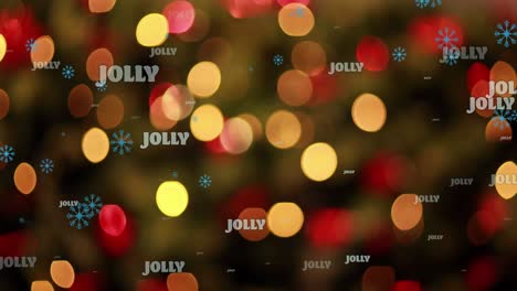 Animation-of-jolly-text-in-repetition-at-christmas-over-snow-falling-and-light-spots