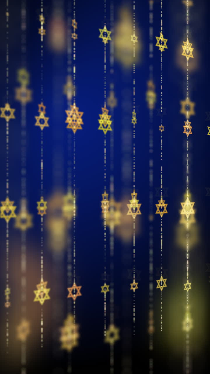 Animated pattern, gold beads with rotating hexagonal stars of David. Loop religious background. Vertical video.