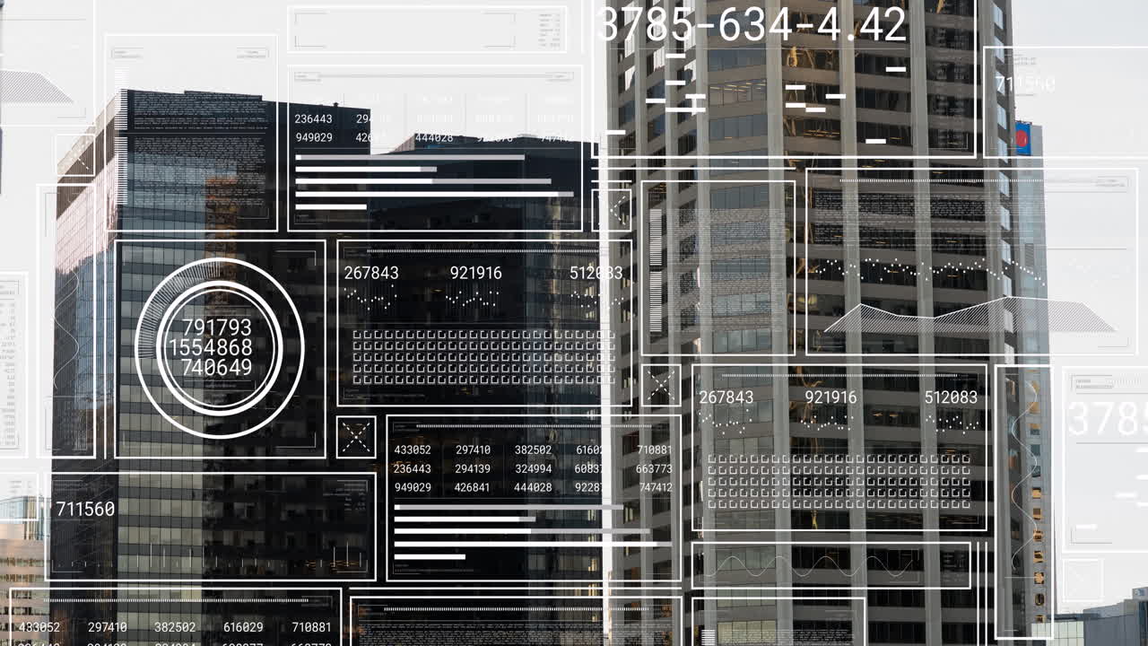 Animation of interface with data processing against tall buildings