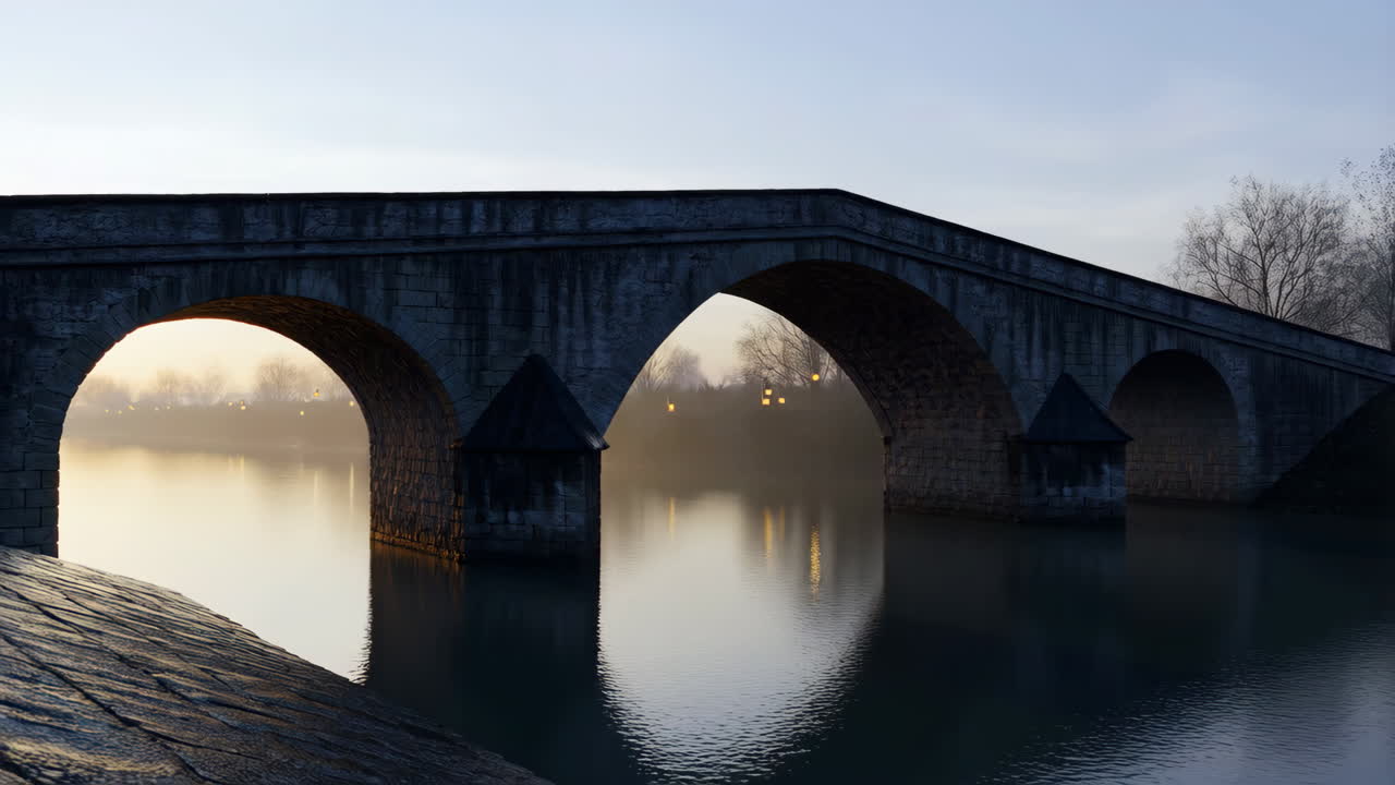 Tranquil Stone Arch Bridge over River at Dawn or Dusk