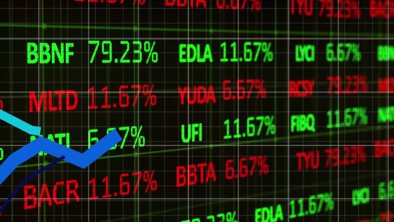 Animation von statistischer und Börsendatenverarbeitung vor schwarzem Hintergrund.