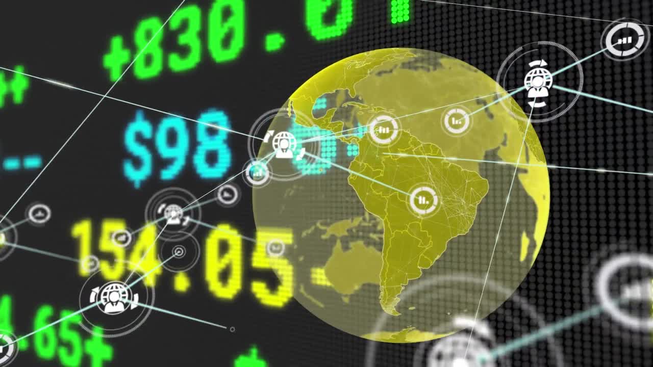 animação de rede de conexões com ícones em todo o mundo e dados financeiros.