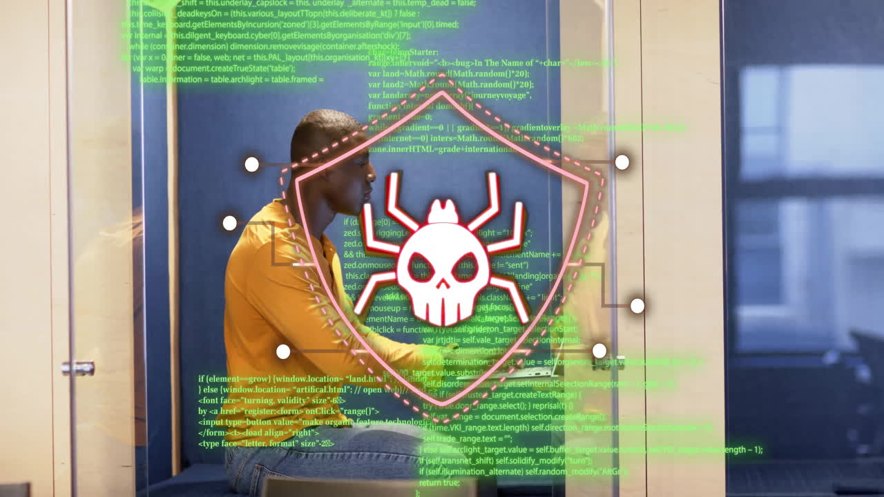 animación de amenaza de ciberseguridad sobre persona que trabaja en computadora en la oficina