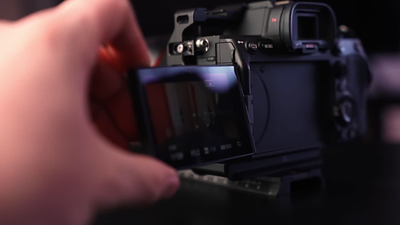 Mano che impugna un corpo macchina mirrorless mentre inquadra attraverso il mirino elettronico, mostrando quadranti e controlli superiori in luce da studio suggestiva con profondità di campo ridotta per b-roll di tecnologia per creatori.