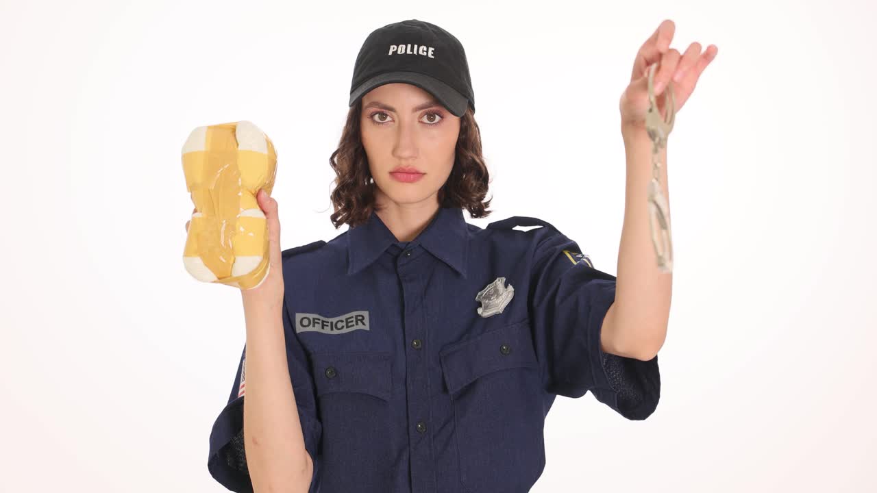 Frau in Polizeiuniform, die Beweismittel und Handschellen hält