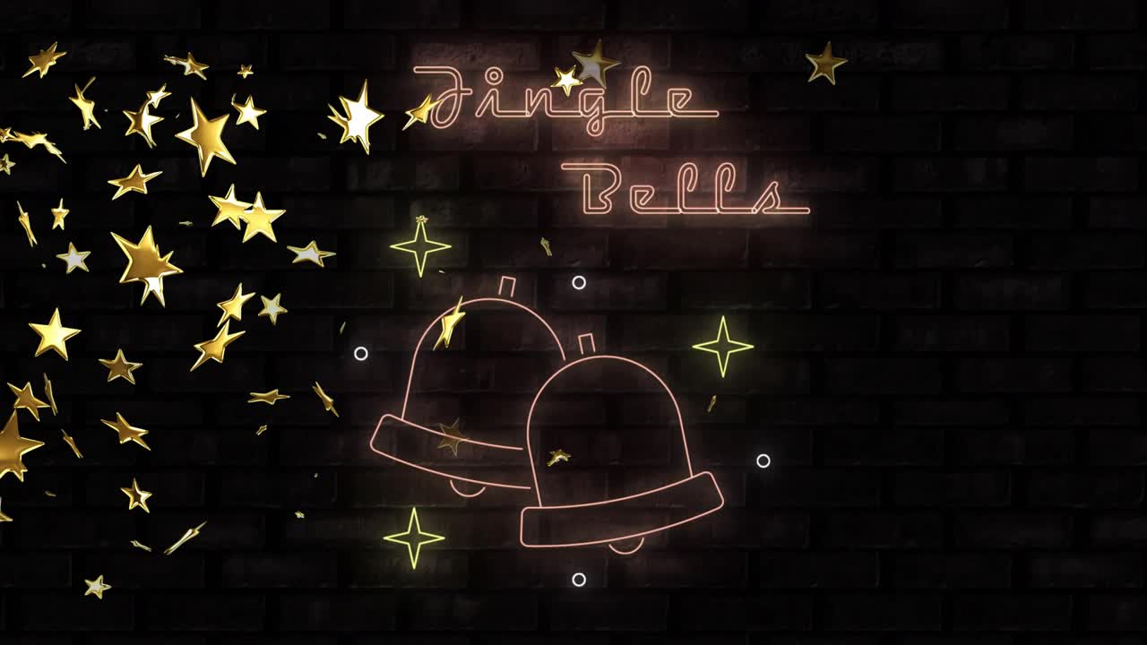 At start confetti drifting across neon bells and Jingle Bells text, thinning to reveal glowing sign