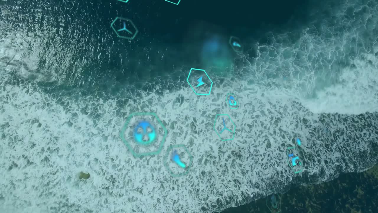 Waves rolling toward rocky shoreline initiating foam and drifting hexagon icons showing eco data