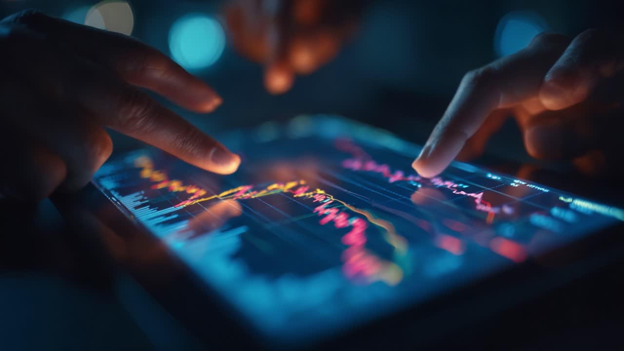 Analysis of Market Trends: Two Individuals Engaged in Interactive Financial Data Review on a Tablet Displaying Dynamic Graphs and Metrics