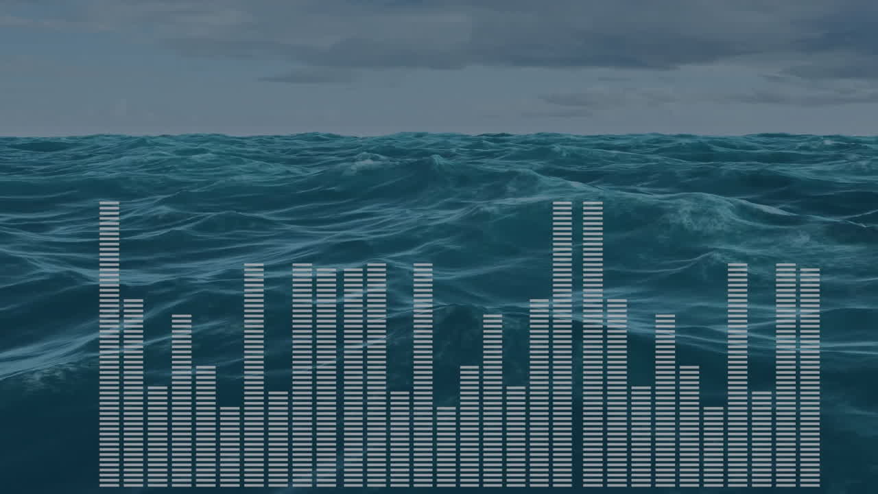 Digital audio equalizer bars rising over teal ocean waves, showing flat design animation