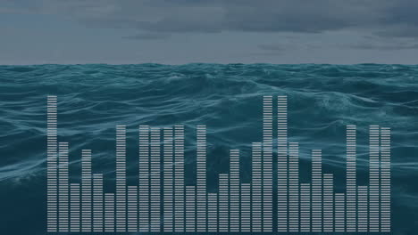 digital audio equalizer bars rising over teal ocean waves, showing flat design animation