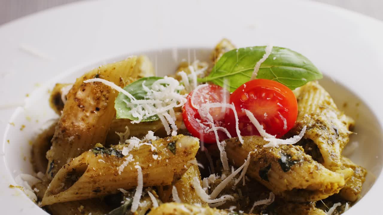 Penne Pasta with Pesto, Basil, and Tomatoes