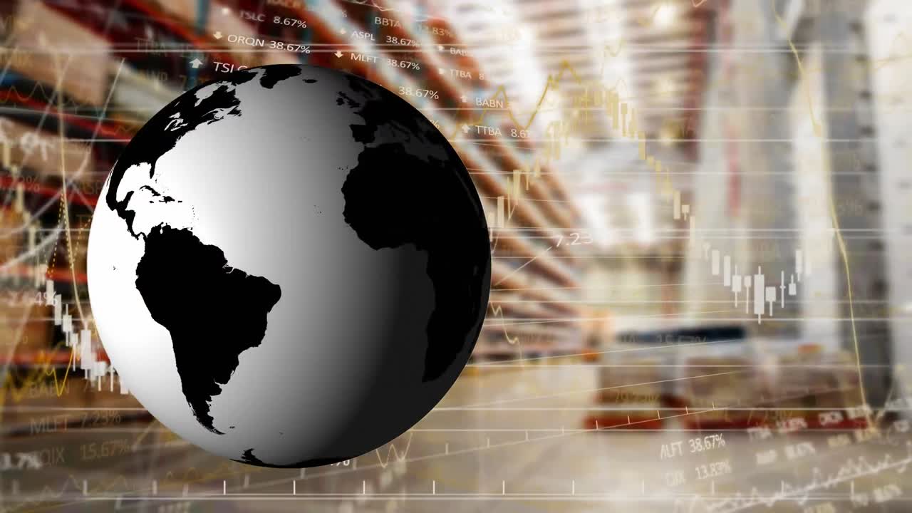 animación del globo y procesamiento de datos financieros sobre el almacén