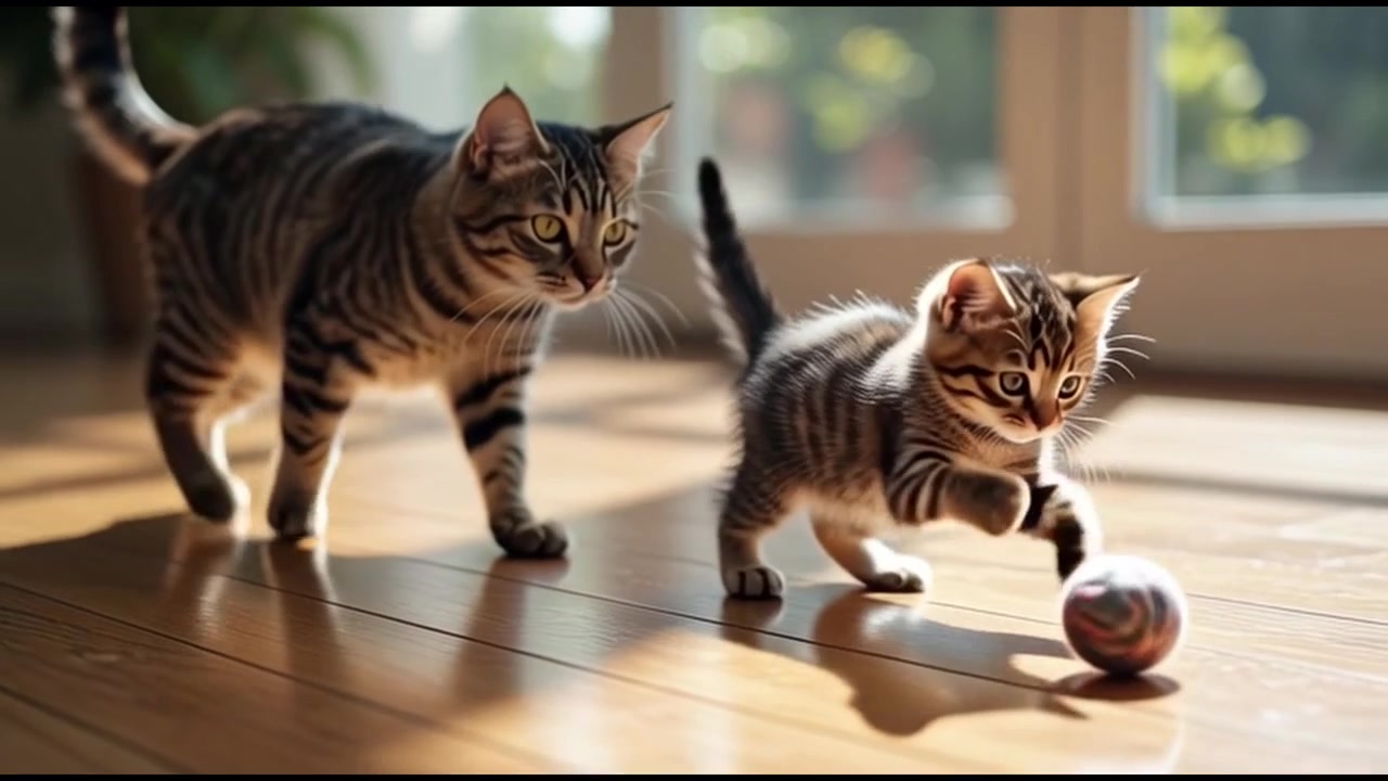 Gatto soriano adulto e gattino che giocano con una palla su pavimento in legno
