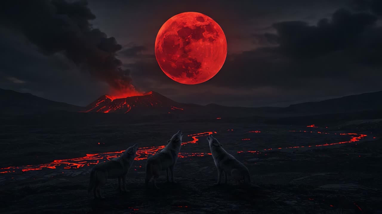 A Mysterious Night: Wolves Gaze at the Eerie Red Moon Above a Fiery Volcano, Capturing a Haunting Scene of Nature's Power and Beauty in a Dark Landscape