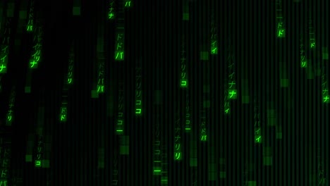 animation of green binary coding data processing over black background