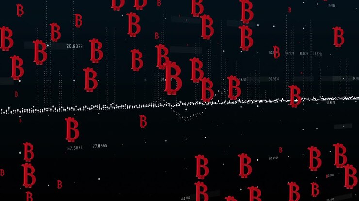 Animation of bitcoin sings and data processing over dark background