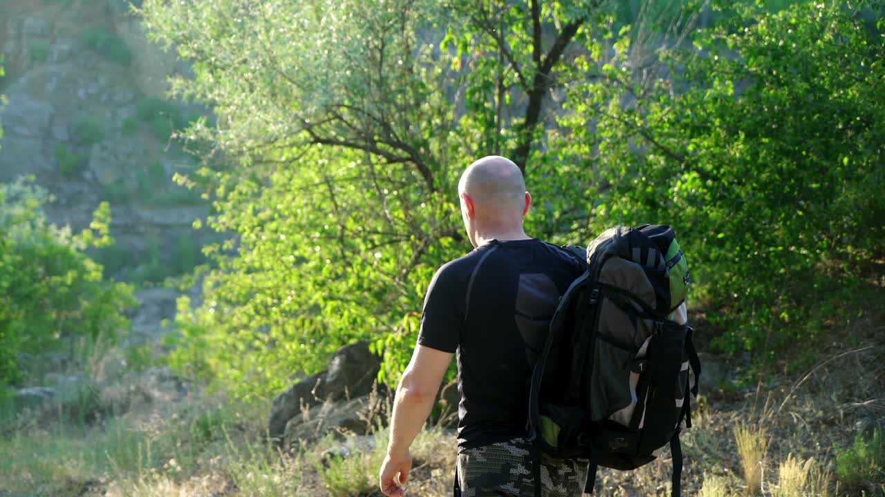 Back view, in movement, a bald hiker man with a backpack on his shoulders walking on a path near the green trees. Male backpacker hiking in mountain adventure in summer. Close-up