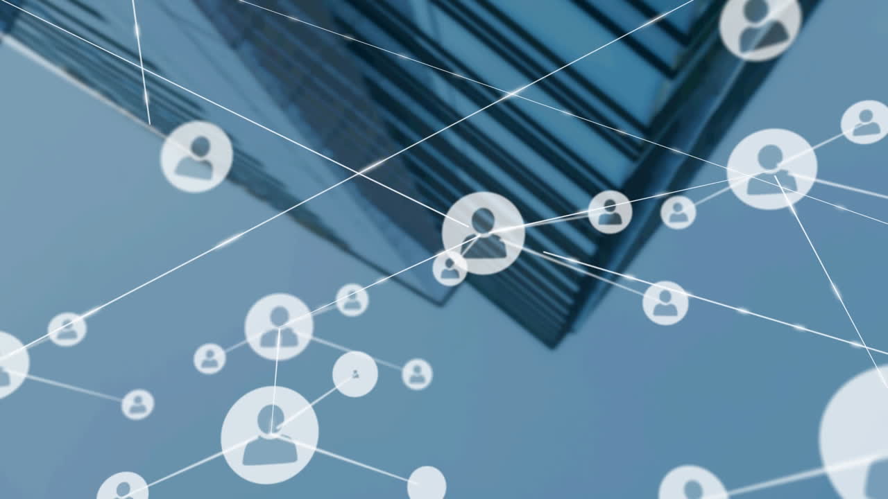 현대적인 건물 위의 아이콘과 연결 네트워크의 애니메이션