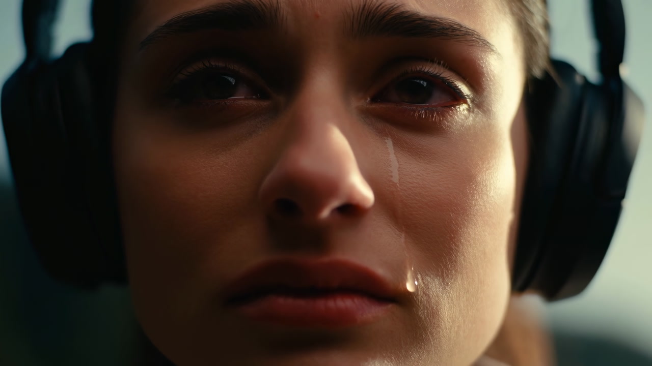 Closeup Caucasian Woman Wearing Headphones Crying. Tear Traces Down Cheek As Emotional Song Triggers Memory