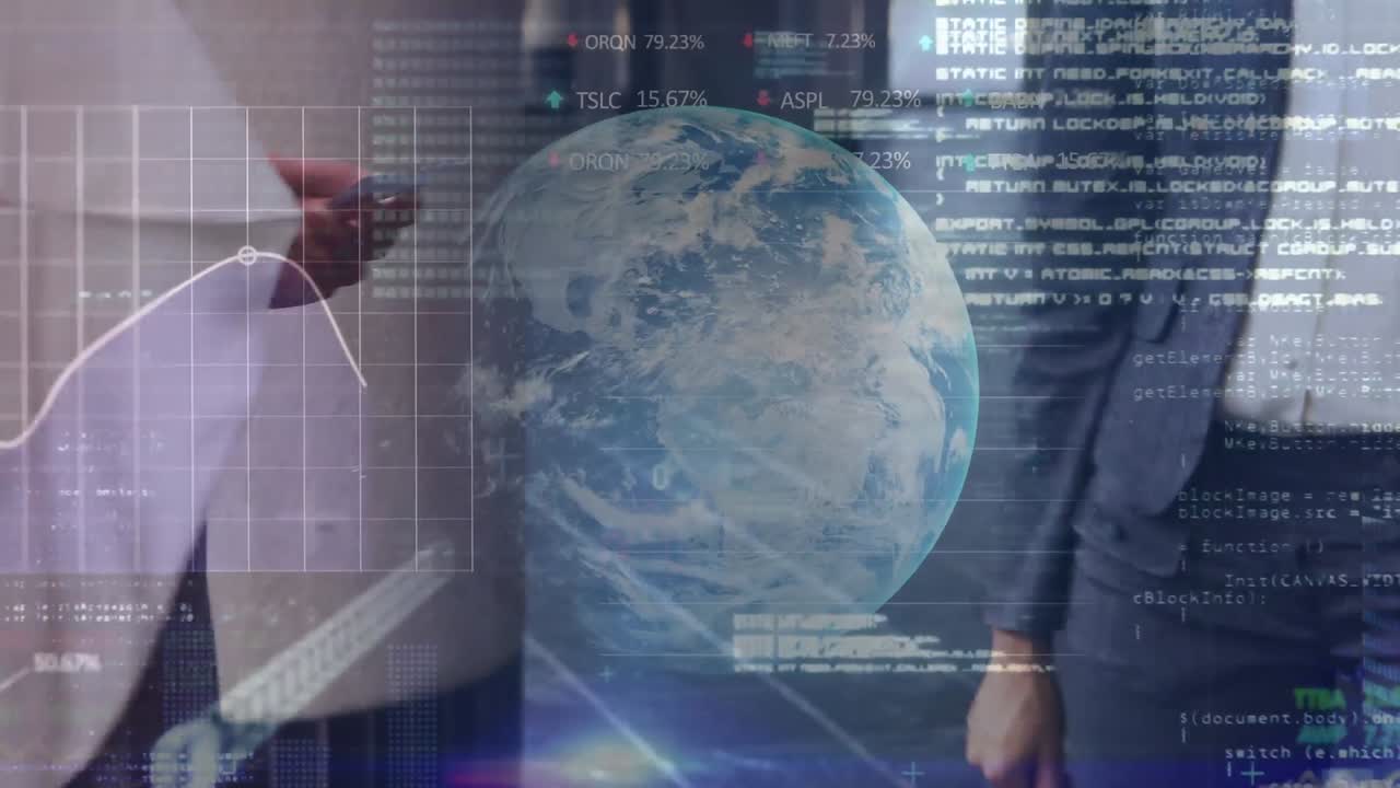 Financial data processing over globe against businesspeople shaking hands