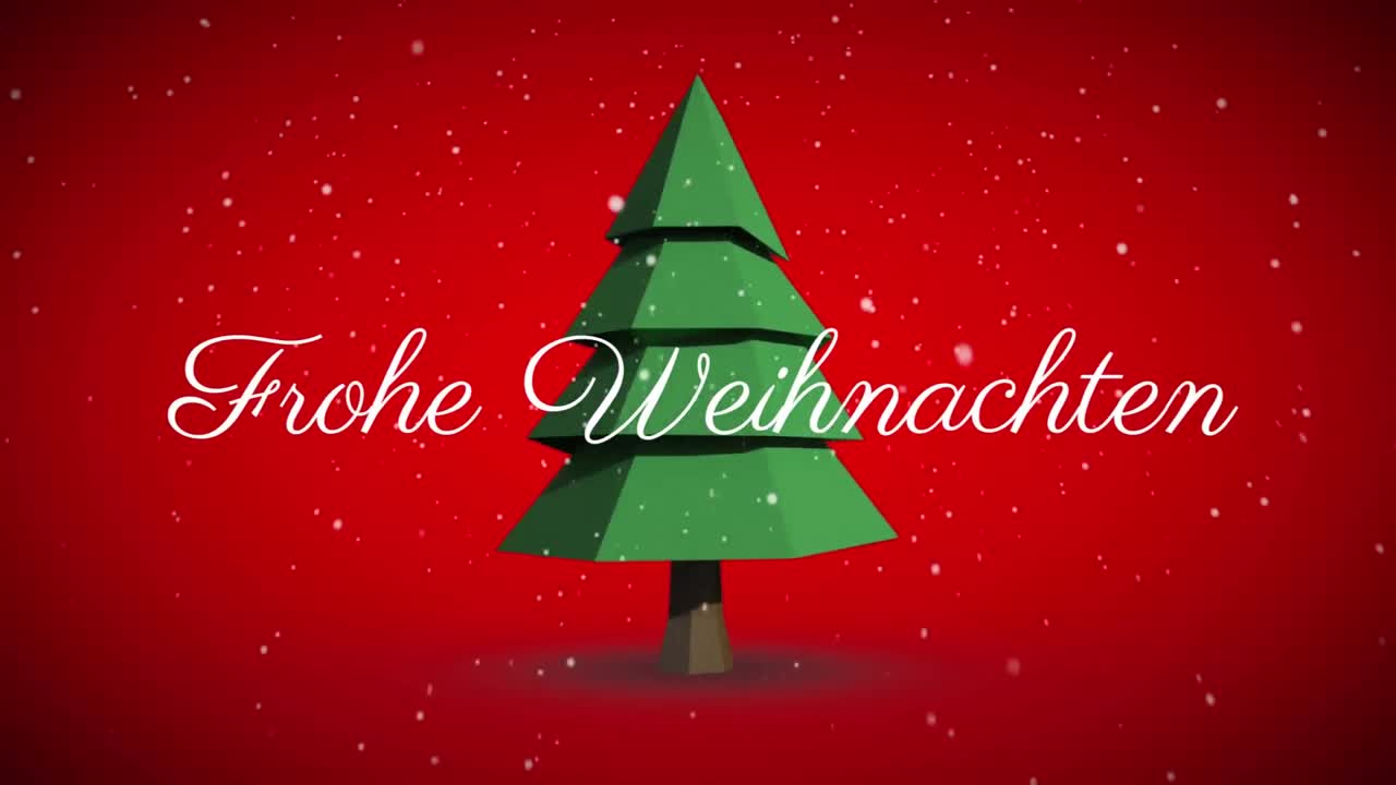 Text „Frohe Weihnachten“ und fallender Schnee vor sich drehendem Weihnachtsbaum-Symbol auf rotem Hintergrund