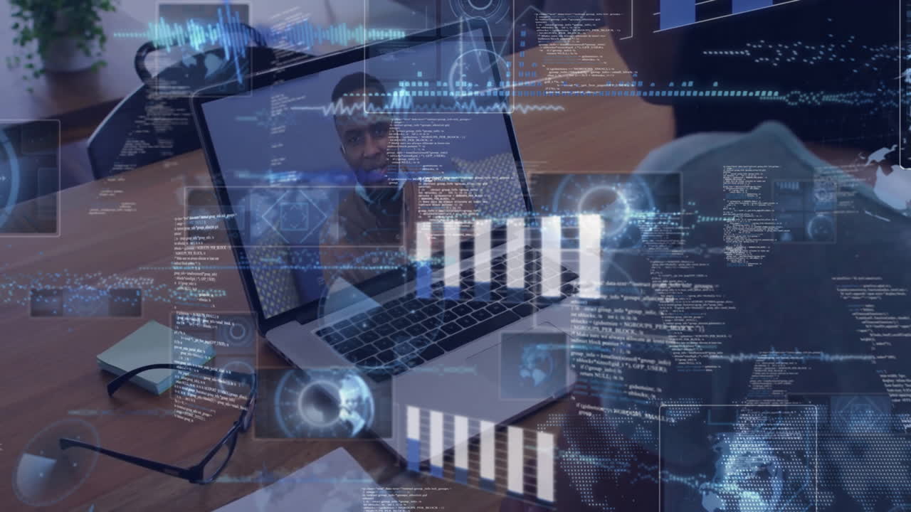 Animation of graphs, globes, sonars, computer language, diverse coworkers discussing on video call