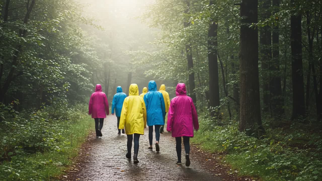 Group of People in Colorful Raincoats Walking on a Foggy Forest Path