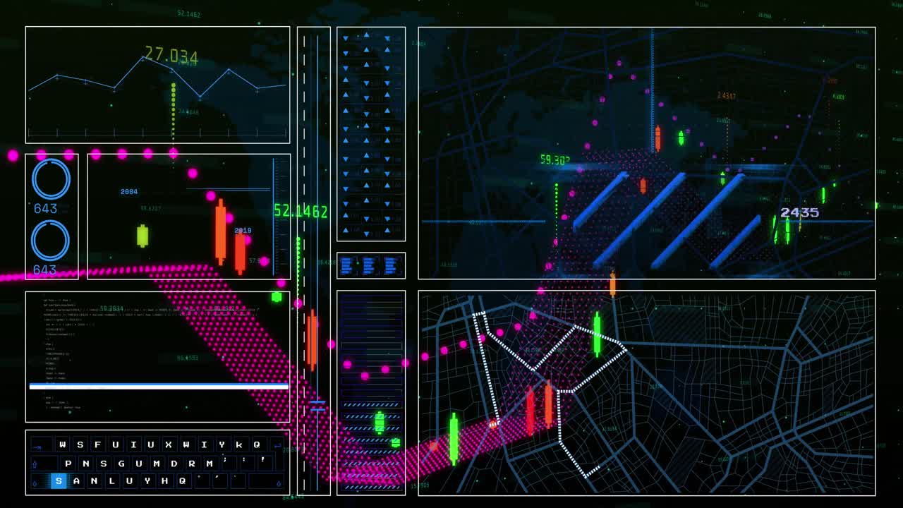 Animation of interface with financial data processing over world map against black background