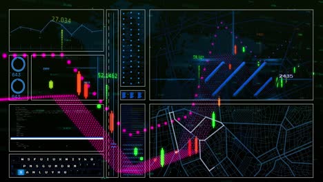 Animation-of-interface-with-financial-data-processing-over-world-map-against-black-background