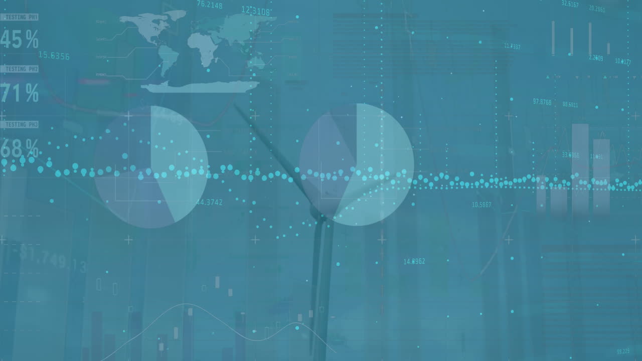 Animation of statistics and data processing on blue background