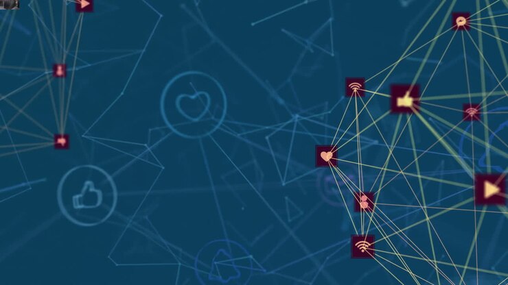 animação de rede de conexões com ícones sobre fundo azul