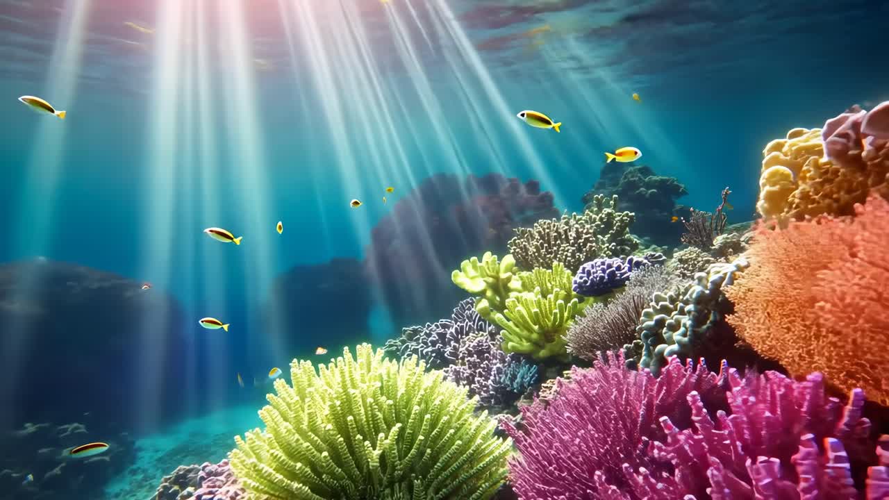 Scena video subacquea di una vivace barriera corallina, ripresa da un angolo basso, che mostra coralli colorati